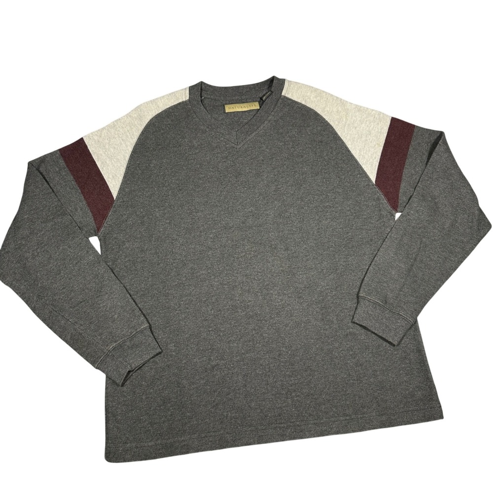 Y2K Natural Life Mens M V-Neck Colorblock Ribbed Knit Pullover Long Sleeve Grey